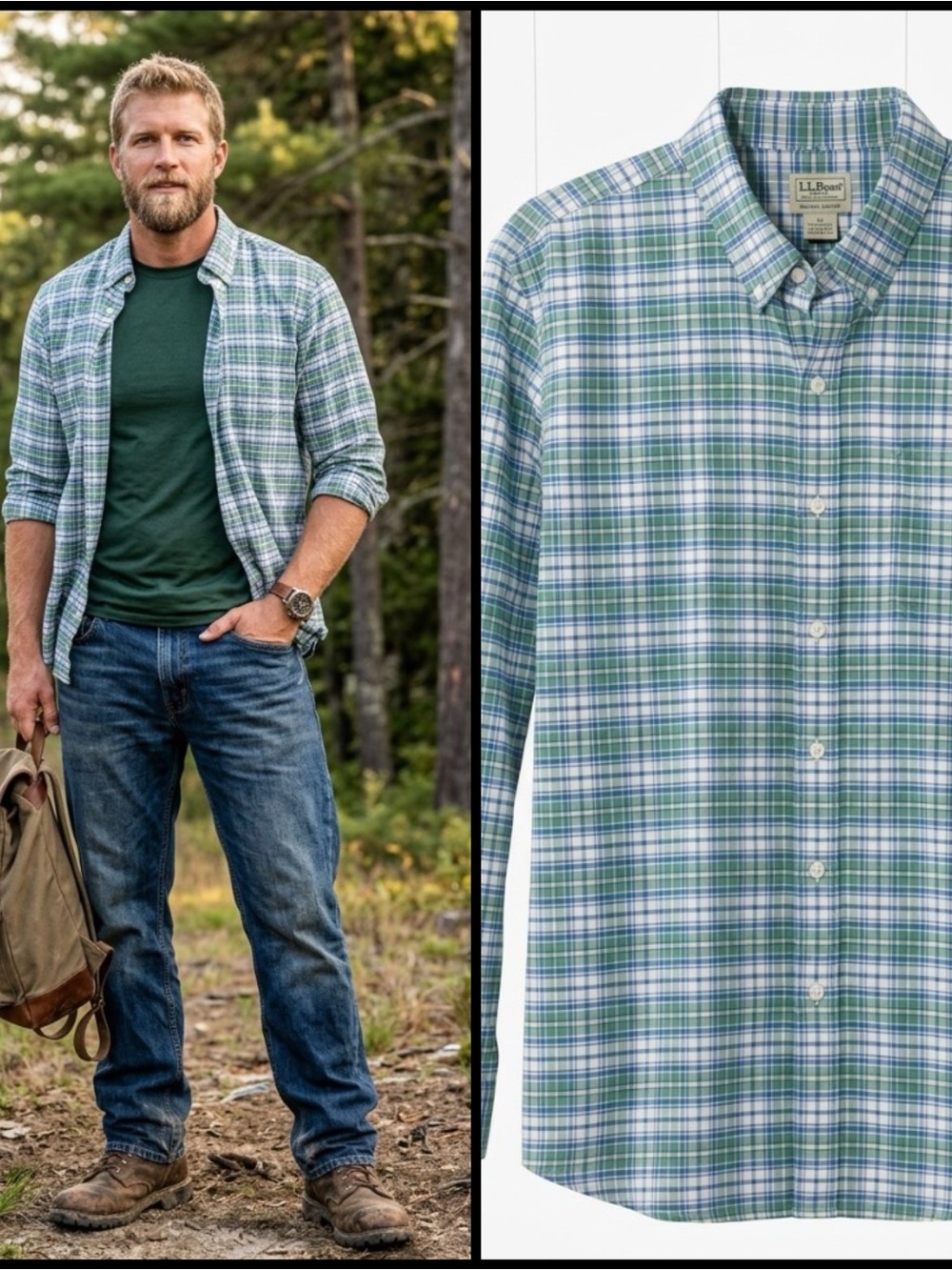 L.L. Bean Men’s Blue Green Plaid Slightly Fitted Button-Down New Shirt L/Tall